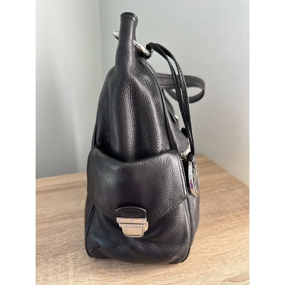 Michael Kors Black Pebbled Leather Hobo Shoulder Bag Silver Hardware MK Charm